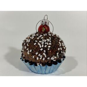 Glittery Chocolate Cherry Bonbon Cupcake Food Ornament 3”